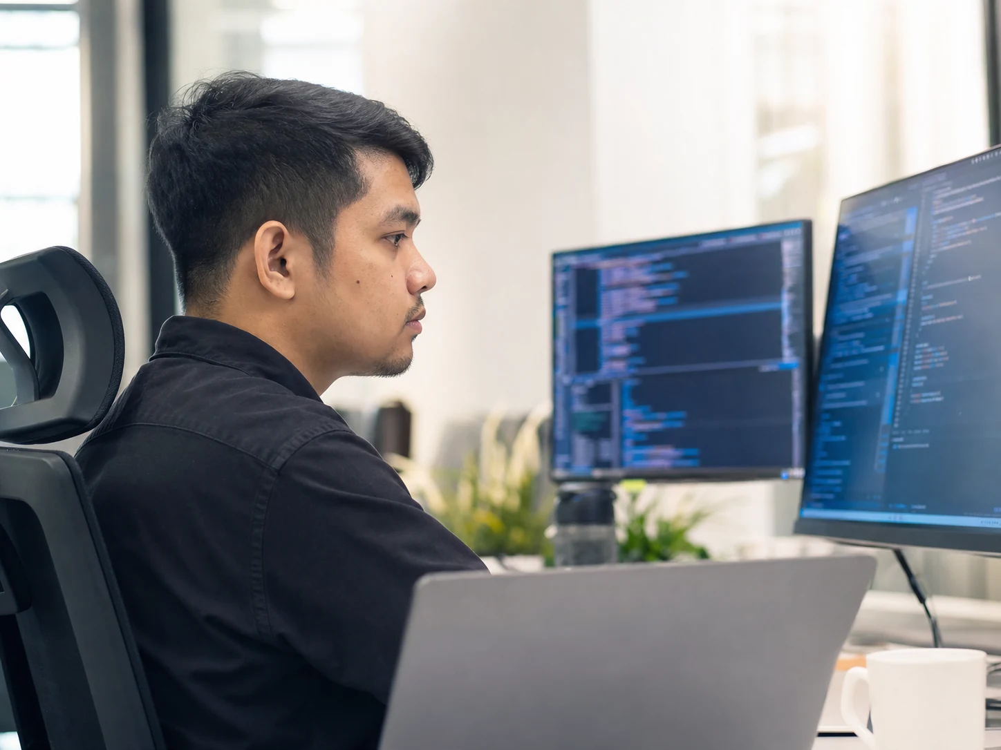 Developer working at multiple monitors